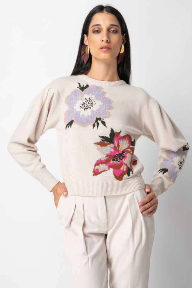 Πλεκτό πουλόβερ με χρωματιστά λουλούδια 