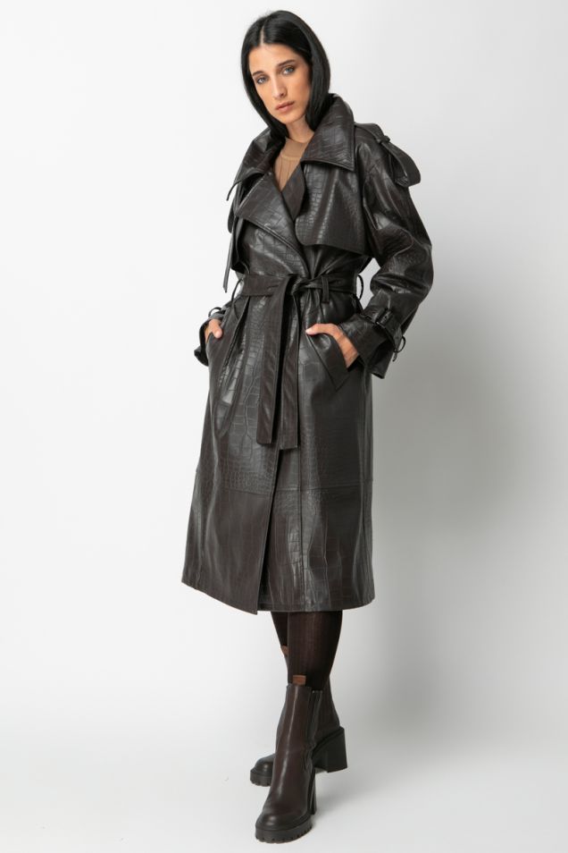 Vegan leather trench-coat with crocodile print