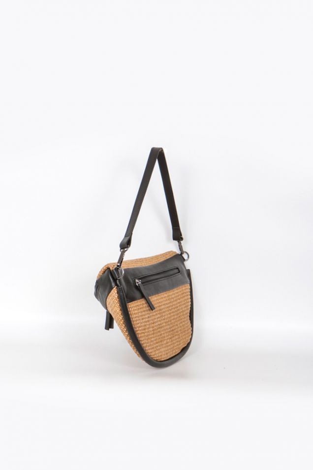 Black Leather-Straw Fanny Pack Bag
